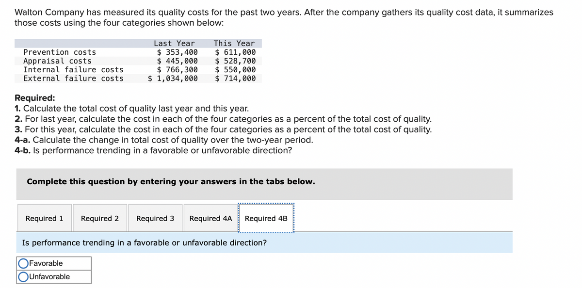 Walton Company has measured its quality costs for the past two years. After the company gathers its quality cost data, it summarizes
those costs using the four categories shown below:
Prevention costs
Appraisal costs
Internal failure costs
External failure costs
Last Year
$ 353,400
$ 445,000
$ 766,300
$ 1,034,000
Required:
1. Calculate the total cost of quality last year and this year.
2. For last year, calculate the cost in each of the four categories as a percent of the total cost of quality.
3. For this year, calculate the cost in each of the four categories as a percent of the total cost of quality.
4-a. Calculate the change in total cost of quality over the two-year period.
4-b. Is performance trending in a favorable or unfavorable direction?
Required 1 Required 2
This Year
$ 611,000
$ 528,700
$ 550,000
$ 714,000
Complete this question by entering your answers in the tabs below.
Favorable
OUnfavorable
Required 3 Required 4A Required 4B
Is performance trending in a favorable or unfavorable direction?