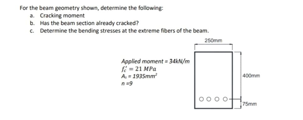 For the beam geometry shown, determine the following:
a. Cracking moment
b. Has the beam section already cracked?
c. Determine the bending stresses at the extreme fibers of the beam.
Applied moment = 34kN/m
fc = 21 MPa
As = 1935mm²
n=9
250mm
00
400mm
75mm