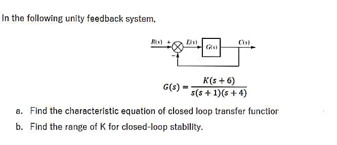 In the following unity feedback system,
R(s) +
G(s)
G(s)
K(s + 6)
s(s+ 1)(s + 4)
a. Find the characteristic equation of closed loop transfer function
b. Find the range of K for closed-loop stability.