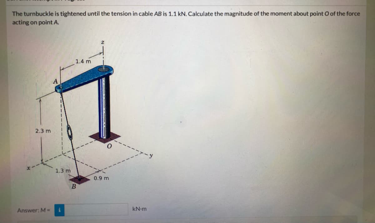 The turnbuckle is tightened until the tension in cable AB is 1.1 kN. Calculate the magnitude of the moment about point O of the force
acting on point A.
1.4 m
2.3 m
1.3 m
0.9 m
Answer: M=
kN-m
