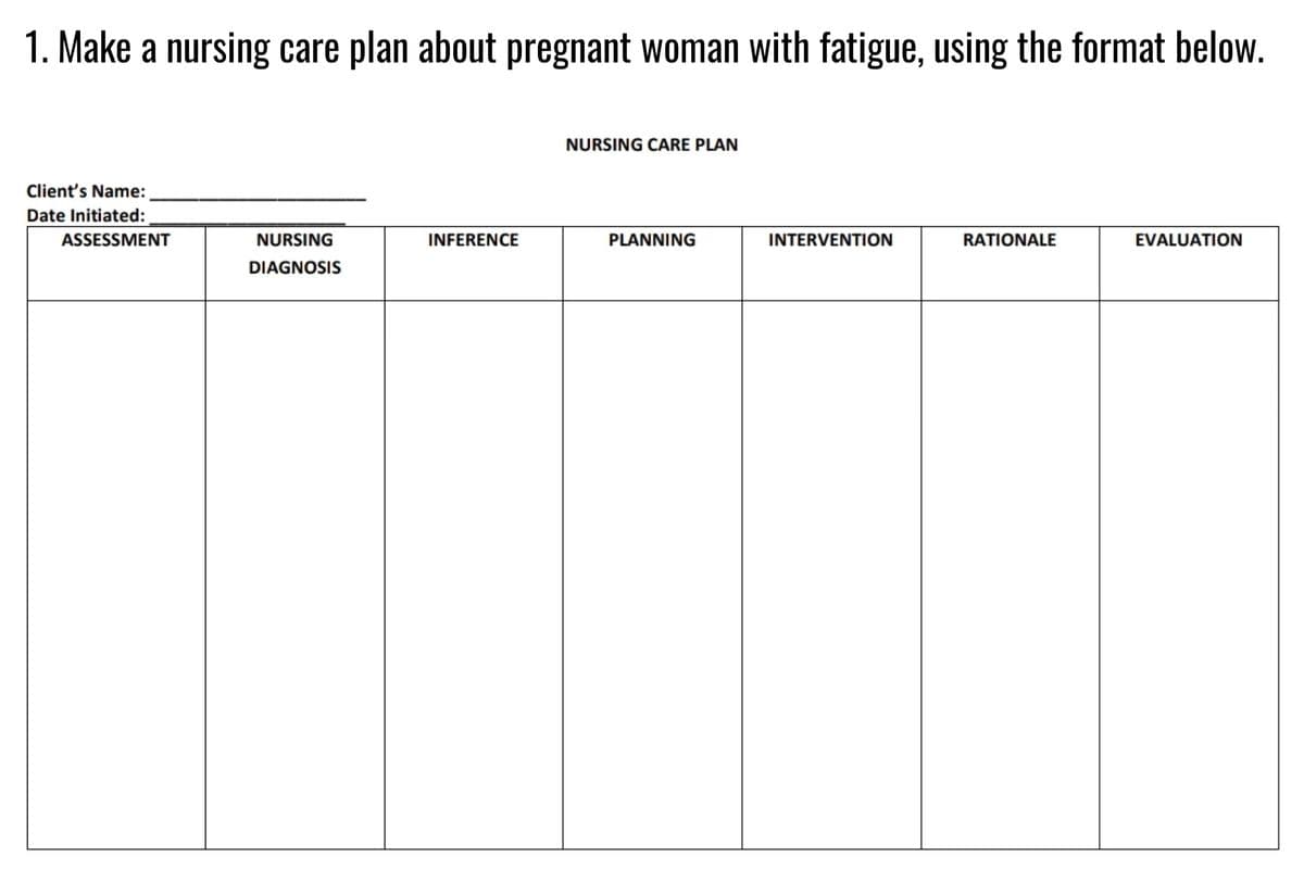 1. Make a nursing care plan about pregnant woman with fatigue, using the format below.
NURSING CARE PLAN
Client's Name:
Date Initiated:
ASSESSMENT
NURSING
INFERENCE
PLANNING
INTERVENTION
RATIONALE
EVALUATION
DIAGNOSIS
