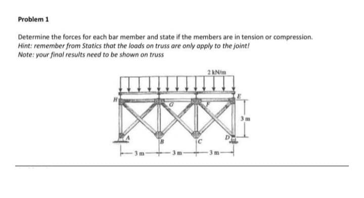 Problem 1
Determine the forces for each bar member and state if the members are in tension or compression.
Hint: remember from Statics that the loads on truss are only apply to the joint!
Note: your final results need to be shown on truss
2 kN/m
3m-
