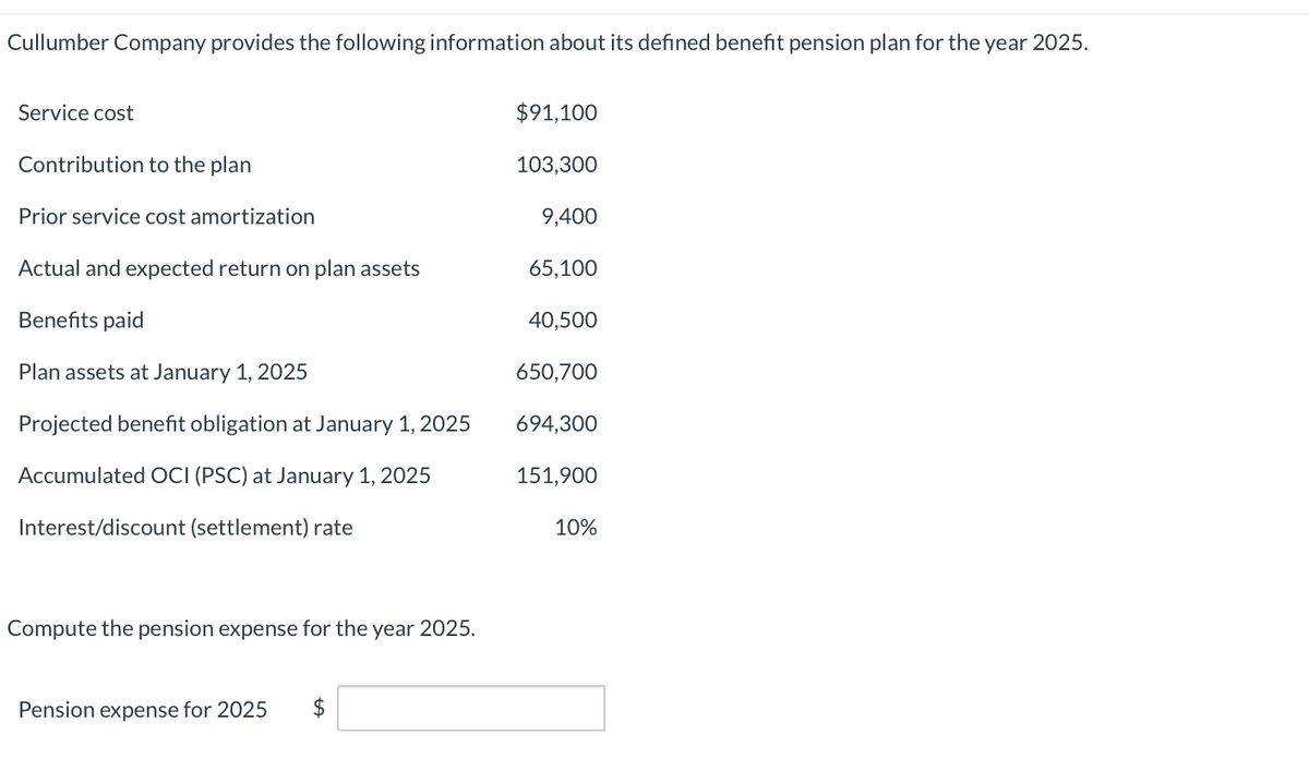 Cullumber Company provides the following information about its defined benefit pension plan for the year 2025.
Service cost
Contribution to the plan
Prior service cost amortization
Actual and expected return on plan assets
Benefits paid
Plan assets at January 1, 2025
Projected benefit obligation at January 1, 2025
Accumulated OCI (PSC) at January 1, 2025
Interest/discount (settlement) rate
Compute the pension expense for the year 2025.
Pension expense for 2025
$91,100
103,300
9,400
65,100
40,500
650,700
694,300
151,900
10%