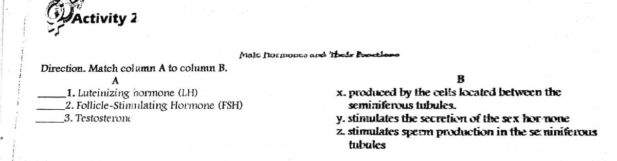 Malt hormOca and tbar Anoctiomo
Direction. Match col umn A to column B.
A
1. Luteinizing normone (LH)
2. Follicle-Stimulating Hormone (FSH)
3. Testosterone
x. produced by the cells located between the
seminiferous fubules.
y. stinaulates the secretion of the sex hor one
Z. stimulates sem production in the se niniferous
tubules
