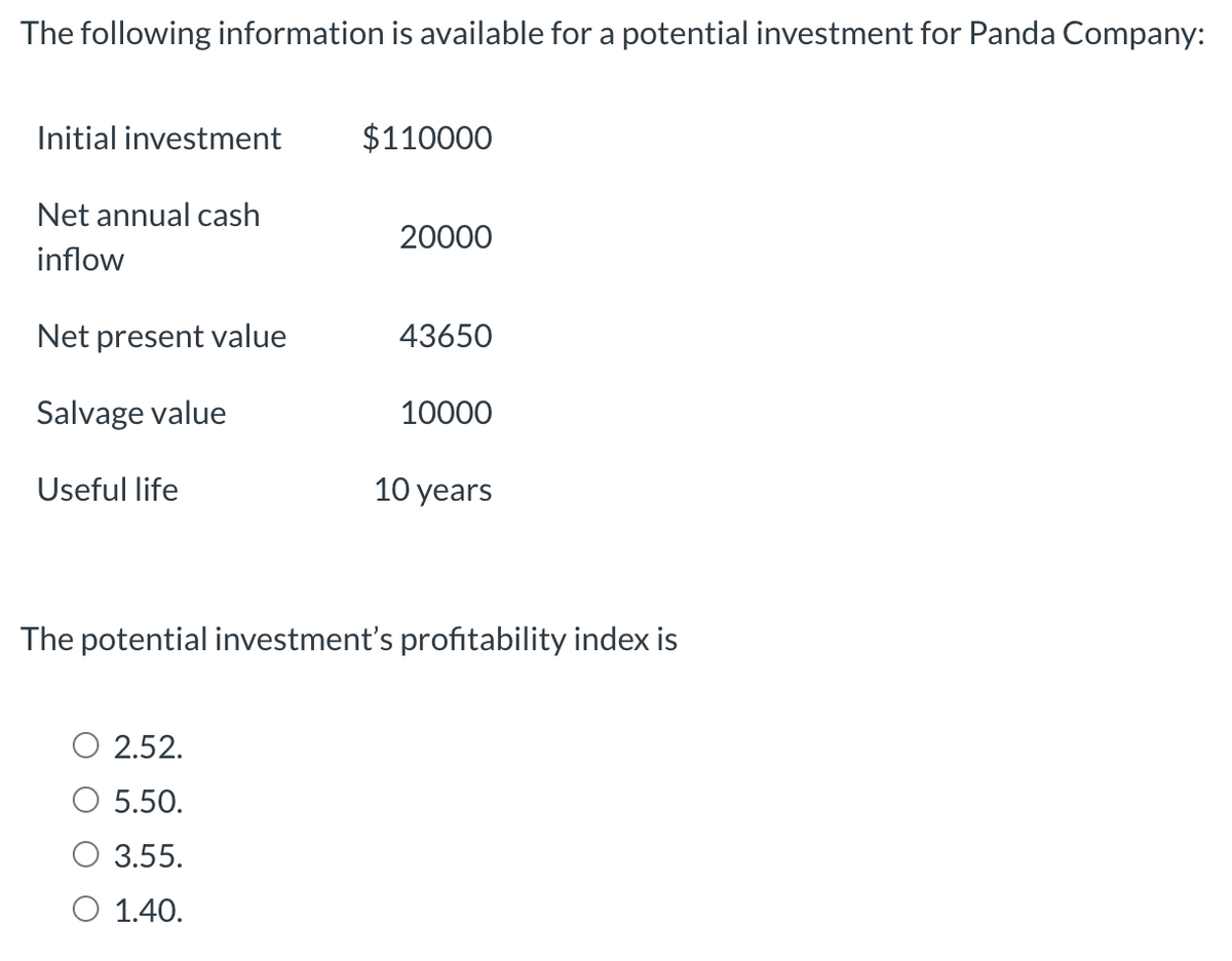The following information is available for a potential investment for Panda Company:
Initial investment
Net annual cash
inflow
Net present value
Salvage value
Useful life
$110000
2.52.
5.50.
O 3.55.
O 1.40.
20000
43650
10000
10 years
The potential investment's profitability index is