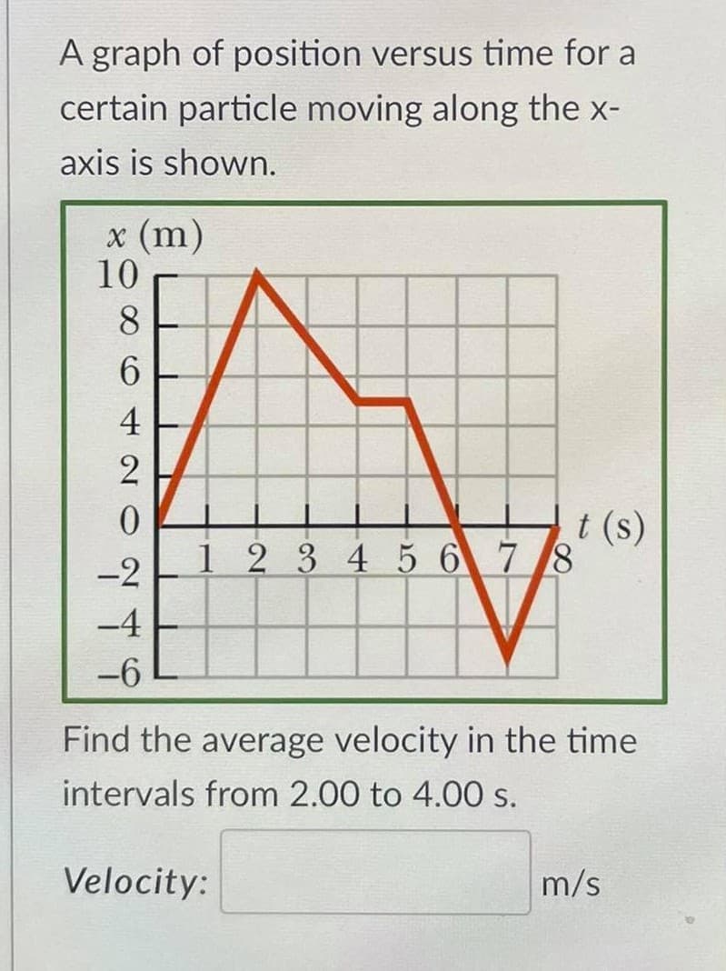 A graph of position versus time for a
certain particle moving along the x-
axis is shown.
x (m)
10
8
t (s)
1 2 3 4 5 6 78
-2
-4
-6
Find the average velocity in the time
intervals from 2.00 to 4.00 s.
Velocity:
m/s
6420
