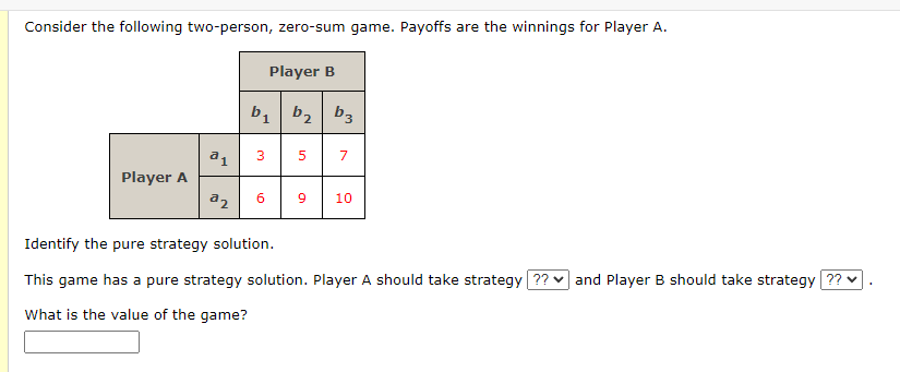 Consider the following two-person, zero-sum game. Payoffs are the winnings for Player A.
Player B
b₁ b₂ b3
a1
3
5
7
Player A
a2
6
9
10
Identify the pure strategy solution.
This game has a pure strategy solution. Player A should take strategy ?? and Player B should take strategy ?? ▼
What is the value of the game?