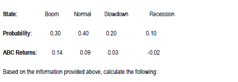 State:
Probability:
Boom Normal Slowdown
0.30
ABC Returns: 0.14
0.40
0.09
0.20
0.03
Recession
0.10
-0.02
Based on the information provided above, calculate the following: