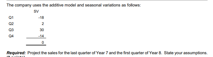 The company uses the additive model and seasonal variations as follows:
sv
Q1
-18
Q2
2
Q3
30
Q4
-14
Required: Project the sales for the last quarter of Year 7 and the first quarter of Year 8. State your assumptions.

