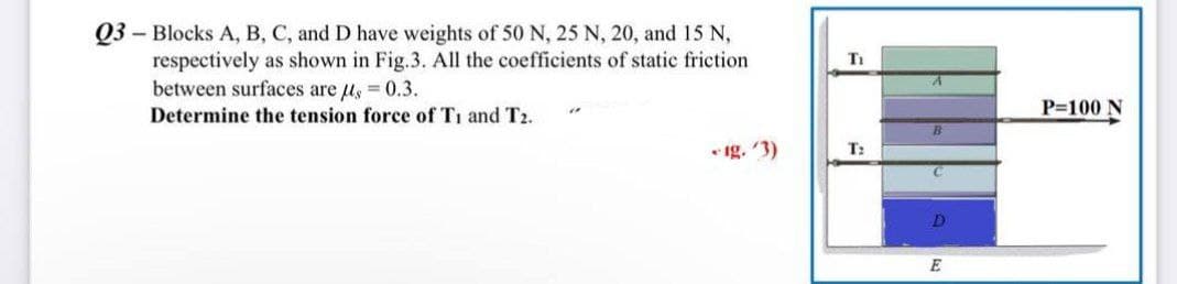 03-Blocks A, B, C, and D have weights of 50 N, 25 N, 20, and 15 N,
respectively as shown in Fig.3. All the coefficients of static friction
between surfaces are μ = 0.3.
Determine the tension force of T₁ and T2.
Ti
T:
B
E
P=100 N