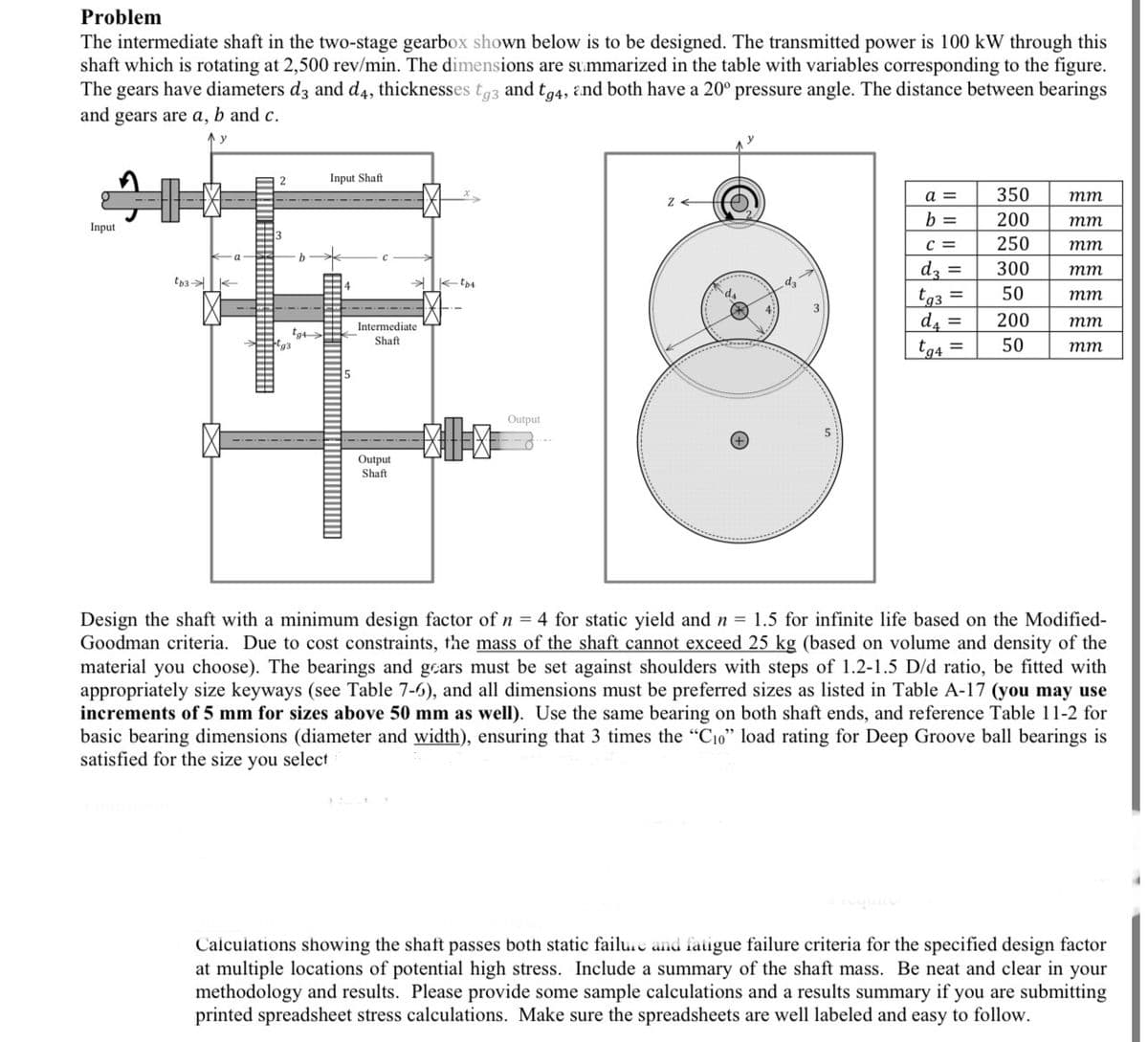 Problem
The intermediate shaft in the two-stage gearbox shown below is to be designed. The transmitted power is 100 kW through this
shaft which is rotating at 2,500 rev/min. The dimensions are summarized in the table with variables corresponding to the figure.
The gears have diameters d3 and d4, thicknesses tg3 and tg4, and both have a 20° pressure angle. The distance between bearings
and gears are a, b and c.
^y
Input
tb3
2
g3
b
tg4
Input Shaft
→
Intermediate
Shaft
Output
Shaft
K-tb4
Output
Z
4;
dz
3
a =
b =
C =
d3 =
tg3 =
d4 =
tg4 =
-
350
200
250
300
50
200
50
mm
mm
mm
mm
mm
mm
▬▬▬▬▬▬▬▬
mm
Design the shaft with a minimum design factor of n = 4 for static yield and n = 1.5 for infinite life based on the Modified-
Goodman criteria. Due to cost constraints, the mass of the shaft cannot exceed 25 kg (based on volume and density of the
material you choose). The bearings and gears must be set against shoulders with steps of 1.2-1.5 D/d ratio, be fitted with
appropriately size keyways (see Table 7-6), and all dimensions must be preferred sizes as listed in Table A-17 (you may use
increments of 5 mm for sizes above 50 mm as well). Use the same bearing on both shaft ends, and reference Table 11-2 for
basic bearing dimensions (diameter and width), ensuring that 3 times the "Cio" load rating for Deep Groove ball bearings is
satisfied for the size you select
Calculations showing the shaft passes both static failure and fatigue failure criteria for the specified design factor
at multiple locations of potential high stress. Include a summary of the shaft mass. Be neat and clear in your
methodology and results. Please provide some sample calculations and a results summary if you are submitting
printed spreadsheet stress calculations. Make sure the spreadsheets are well labeled and easy to follow.