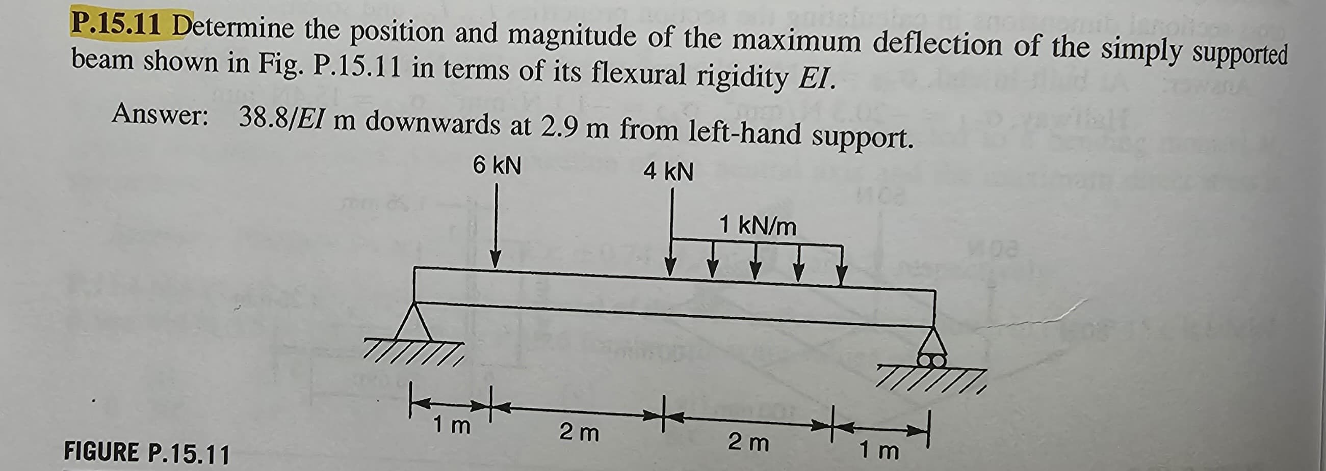 P.15.11 Determine the position and magnitude of the maximum deflection of the simply supported
beam shown in Fig. P.15.11 in terms of its flexural rigidity EI.
Answer: 38.8/EI m downwards at 2.9 m from left-hand support.
6 KN
4 kN
FIGURE P.15.11
K
1 m
2m
+
1 kN/m
2 m
1 m
H
605