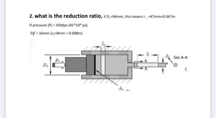 2. what is the reduction ratio, if D_=94mm, this means r. 47mm=0.047m
If pressure (P) = 45Mpa (45 10 pa)
Df = 16mm (ry-8mm = 0.008m)
Sec A-A
D.
