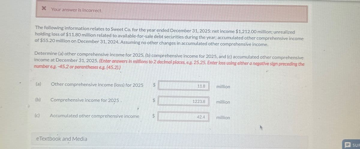 X Your answer is incorrect.
The following information relates to Sweet Co. for the year ended December 31, 2025: net income $1,212.00 million; unrealized
holding loss of $11.80 million related to available-for-sale debt securities during the year; accumulated other comprehensive income
of $55.20 million on December 31, 2024. Assuming no other changes in accumulated other comprehensive income.
Determine (a) other comprehensive income for 2025, (b) comprehensive income for 2025, and (c) accumulated other comprehensive
income at December 31, 2025. (Enter answers in millions to 2 decimal places, e.g. 25.25. Enter loss using either a negative sign preceding the
number e.g. -45.2 or parentheses e.g. (45.2).)
(a) Other comprehensive income (loss) for 2025
(b)
Comprehensive income for 2025
9
(c) Accumulated other comprehensive income
eTextbook and Media
76
$
LA
$
11.8
1223.8
42.4
million
million
million
SUP