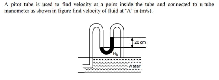 A pitot tube is used to find velocity at a point inside the tube and connected to u-tube
manometer as shown in figure find velocity of fluid at 'A' in (m/s).
20 cm
Hg
Water
