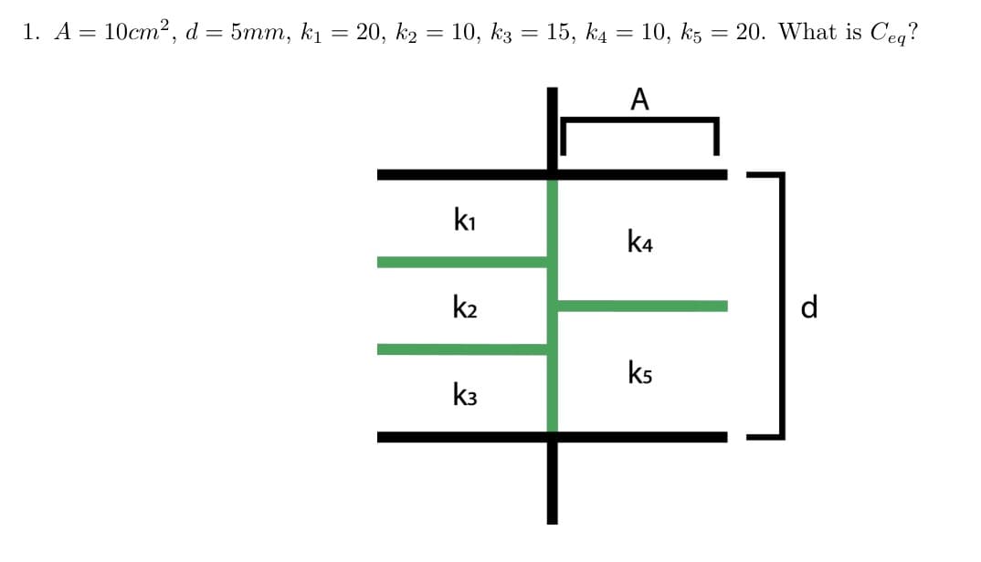 1. A = 10cm², d = 5mm, k₁ = 20, k₂ = 10, k3 = 15, k4 = 10, k5
A
k1
=
20. What is Ceq?
K4
k2
d
k5
K3