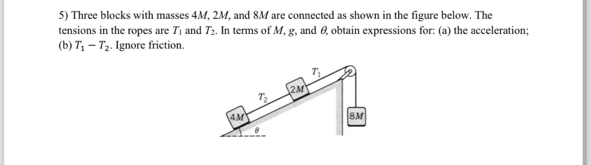 5) Three blocks with masses 4M, 2M, and 8M are connected as shown in the figure below. The
tensions in the ropes are T₁ and T₂. In terms of M, g, and 0, obtain expressions for: (a) the acceleration;
(b) T₁ T₂. Ignore friction.
4M
T₂
0
2M
T₁
8M