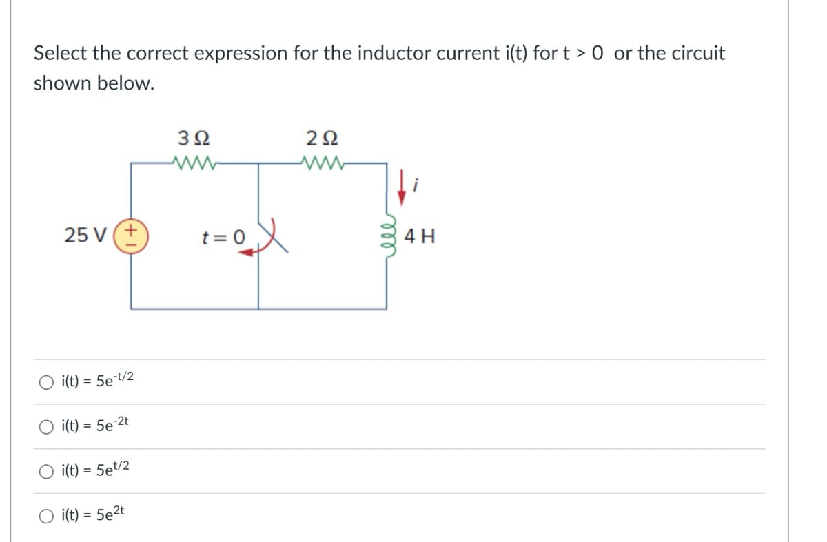 Select the correct expression for the inductor current i(t) fort > O or the circuit
shown below.
25 V+
O i(t) = 5et/2
i(t) = 5e-2t
i(t) =
= 5et/2
i(t) = 5e2t
302
292
www
4 H
