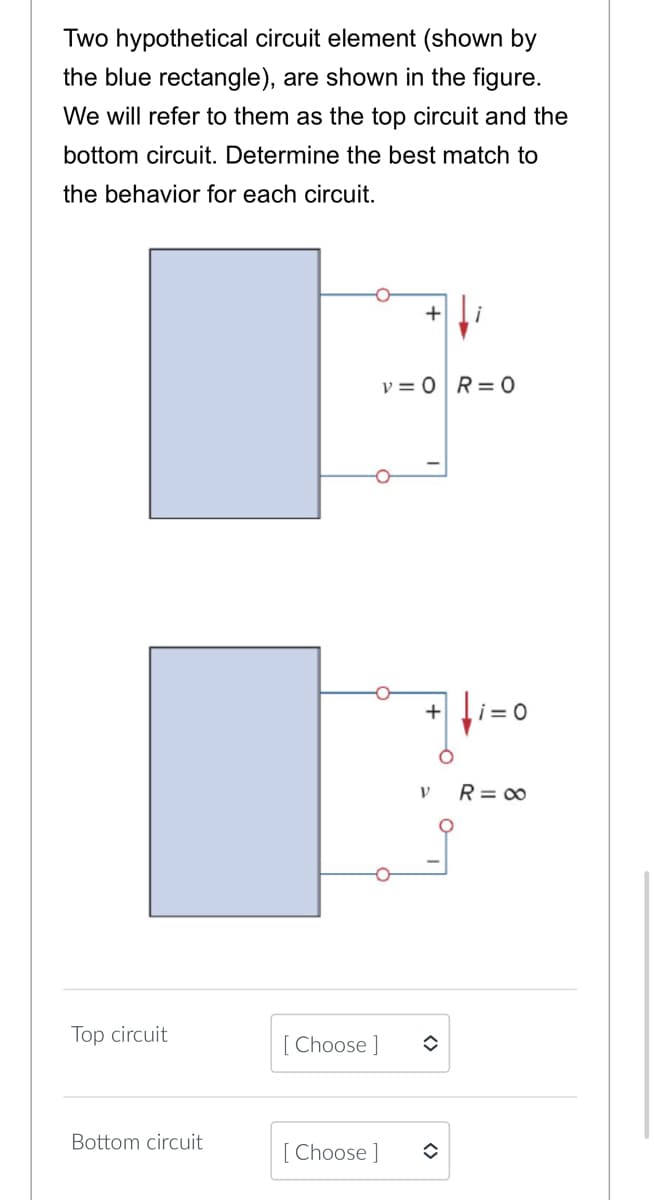 Two hypothetical circuit element (shown by
the blue rectangle), are shown in the figure.
We will refer to them as the top circuit and the
bottom circuit. Determine the best match to
the behavior for each circuit.
Top circuit
Bottom circuit
[Choose ]
[Choose ]
v=0| R=0
+ 1 + 1 =0
V
◊
♦
R = ∞