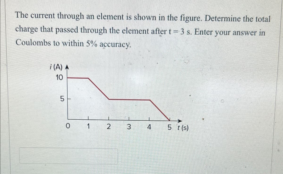 The current through an element is shown in the figure. Determine the total
charge that passed through the element after t = 3 s. Enter your answer in
Coulombs to within 5% accuracy.
¡ (A) A
10
LO
5
0
2
1
3
I
4
5 t (s)