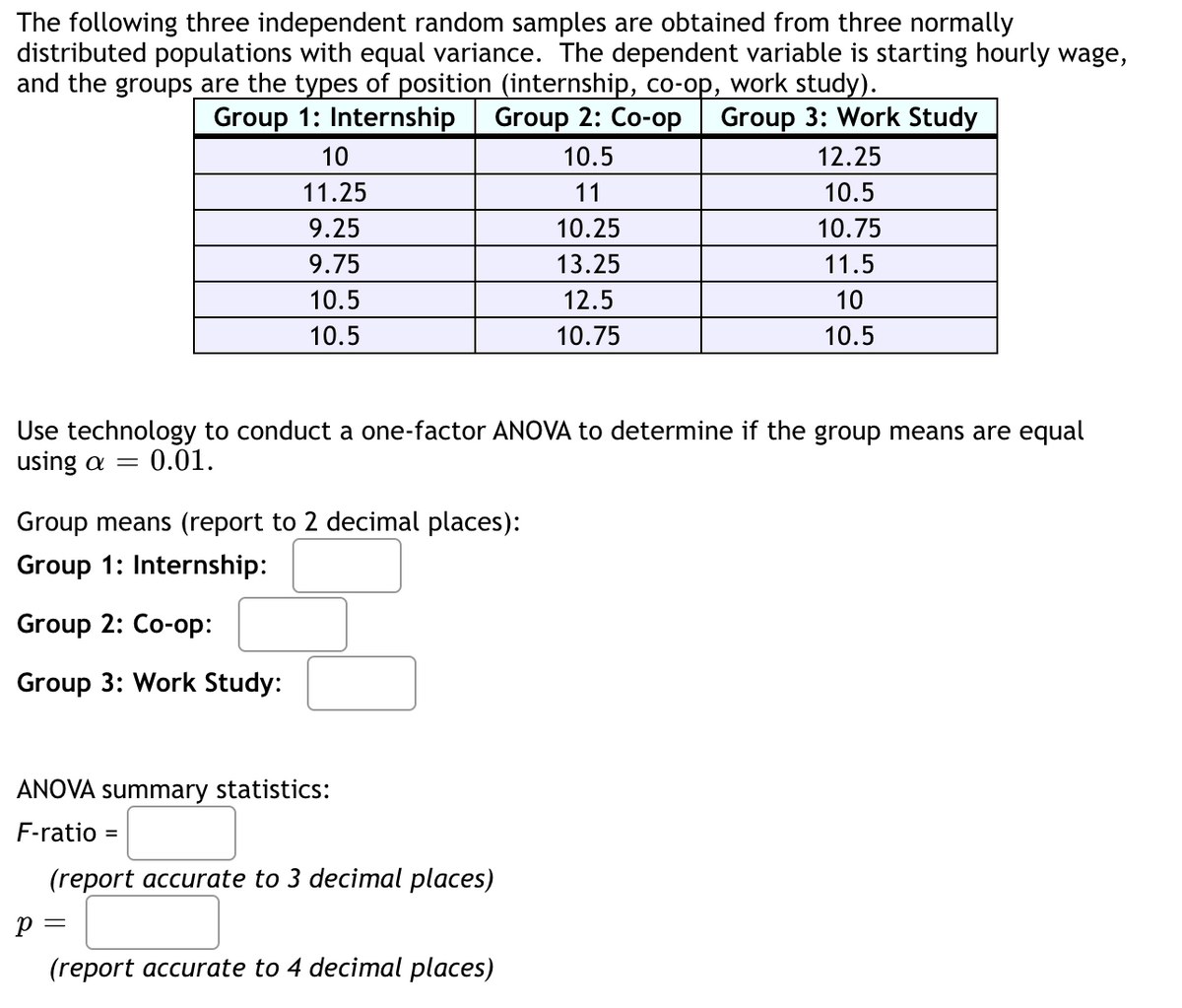 The following three independent random samples are obtained from three normally
distributed populations with equal variance. The dependent variable is starting hourly wage,
and the groups are the types of position (internship, co-op, work study).
Group 1: Internship
Group 2: Co-op Group 3: Work Study
10.5
11
10.25
13.25
12.5
10.75
10
11.25
9.25
9.75
10.5
10.5
Use technology to conduct a one-factor ANOVA to determine if the group means are equal
using a = 0.01.
Group means (report to 2 decimal places):
Group 1: Internship:
Group 2: Co-op:
Group 3: Work Study:
12.25
10.5
10.75
11.5
10
10.5
ANOVA summary statistics:
F-ratio =
(report accurate to 3 decimal places)
p =
(report accurate to 4 decimal places)