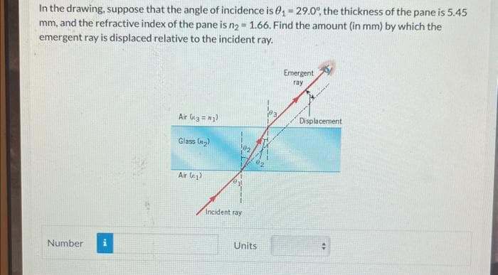 In the drawing, suppose that the angle of incidence is 0₁ = 29.0°, the thickness of the pane is 5.45
mm, and the refractive index of the pane is n₂ = 1.66. Find the amount (in mm) by which the
emergent ray is displaced relative to the incident ray.
Number
THE
Air (ng=m1)
Glass (₂)
Air (1)
Incident ray
Units
Emergent
ray
Displacement