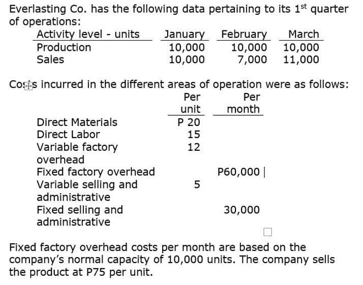 Everlasting Co. has the following data pertaining to its 1st quarter
of operations:
Activity level units
Production
Sales
February
10,000
7,000
March
January
10,000
10,000
10,000
11,000
Cots incurred in the different areas of operation were as follows:
Per
unit
Per
month
P 20
Direct Materials
Direct Labor
15
Variable factory
overhead
Fixed factory overhead
Variable selling and
administrative
12
P60,000||
Fixed selling and
administrative
30,000
Fixed factory overhead costs per month are based on the
company's normal capacity of 10,000 units. The company sells
the product at P75 per unit.
