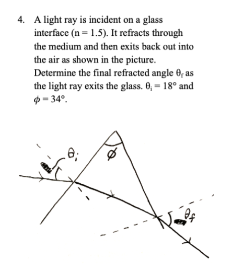 4. A light ray is incident on a glass
interface (n = 1.5). It refracts through
the medium and then exits back out into
the air as shown in the picture.
Determine the final refracted angle 0, as
the light ray exits the glass. 0₁ = 18° and
=34°.