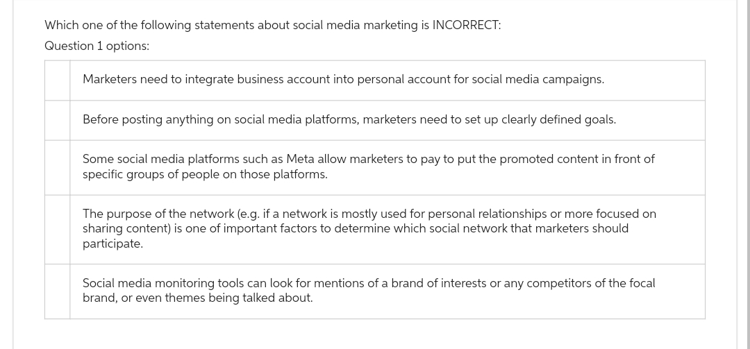Which one of the following statements about social media marketing is INCORRECT:
Question 1 options:
Marketers need to integrate business account into personal account for social media campaigns.
Before posting anything on social media platforms, marketers need to set up clearly defined goals.
Some social media platforms such as Meta allow marketers to pay to put the promoted content in front of
specific groups of people on those platforms.
The purpose of the network (e.g. if a network is mostly used for personal relationships or more focused on
sharing content) is one of important factors to determine which social network that marketers should
participate.
Social media monitoring tools can look for mentions of a brand of interests or any competitors of the focal
brand, or even themes being talked about.