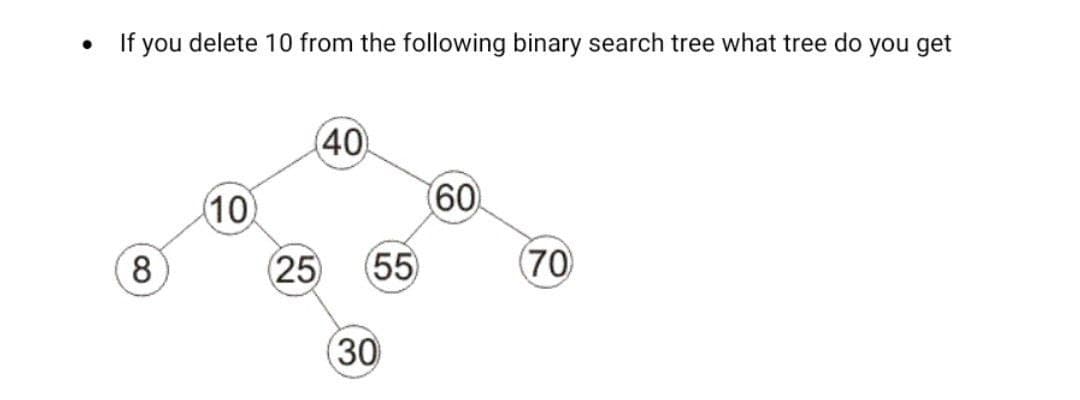 If you delete 10 from the following binary search tree what tree do you get
(40
10
(60
8
(25
55
(70
30
