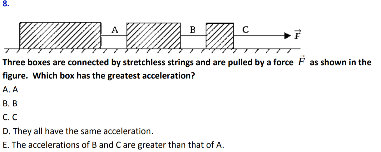 8.
Three boxes are connected by stretchless strings and are pulled by a force F as shown in the
figure. Which box has the greatest acceleration?
A. A
B. B
C. C
D. They all have the same acceleration.
E. The accelerations of B and C are greater than that of A
