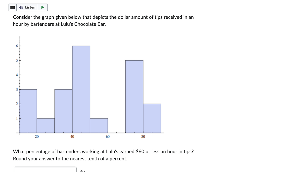 Consider the graph given below that depicts the dollar amount of tips received in an
hour by bartenders at Lulu's Chocolate Bar.
9
5
LI
40
4
3
Listen
▬▬▬▬▬▬▬▬▬▬▬▬▬▬▬▬▬▬▬▬▬▬
2
20
60
80
What percentage of bartenders working at Lulu's earned $60 or less an hour in tips?
Round your answer to the nearest tenth of a percent.