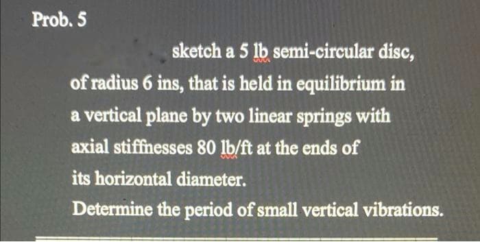 Prob. 5
sketch a 5 lb semi-circular disc,
of radius 6 ins, that is held in equilibrium in
a vertical plane by two linear springs with
axial stiffnesses 80 lb/ft at the ends of
its horizontal diameter.
Determine the period of small vertical vibrations.
