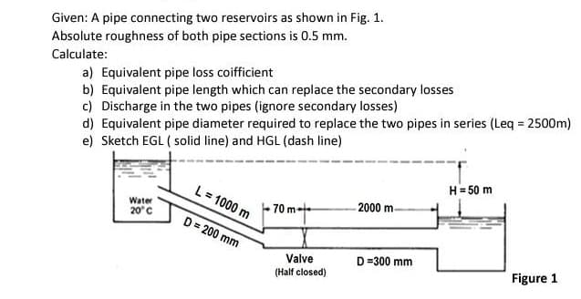 Given: A pipe connecting two reservoirs as shown in Fig. 1.
Absolute roughness of both pipe sections is 0.5 mm.
Calculate:
a) Equivalent pipe loss coifficient
b) Equivalent pipe length which can replace the secondary losses
c) Discharge in the two pipes (ignore secondary losses)
d) Equivalent pipe diameter required to replace the two pipes in series (Leq = 2500m)
e) Sketch EGL ( solid line) and HGL (dash line)
H= 50 m
L = 1000 m
2000 m-
%3D
Water
20°C
70 m-t
D= 200 mm
Valve
D =300 mm
Figure 1
(Half closed)
