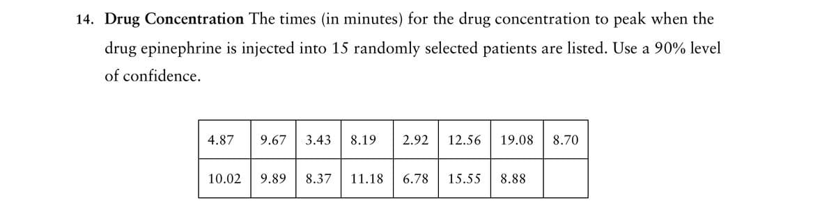 14. Drug Concentration The times (in minutes) for the drug concentration to peak when the
drug epinephrine is injected into 15 randomly selected patients are listed. Use a 90% level
of confidence.
4.87 9.67 3.43 8.19 2.92 12.56 19.08 8.70
10.02 9.89 8.37 11.18 6.78 15.55 8.88