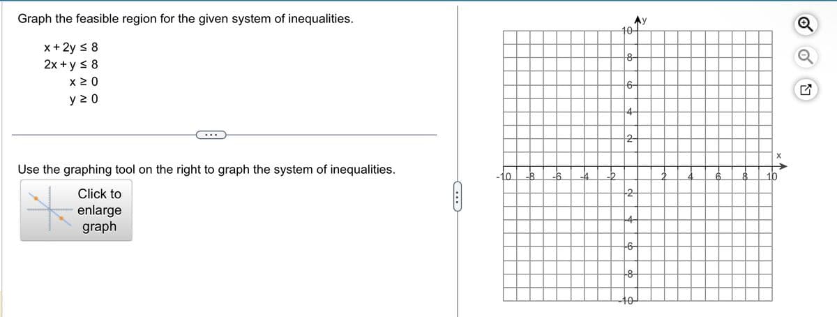 Graph the feasible region for the given system of inequalities.
x + 2y ≤ 8
2x + y ≤ 8
x ≥ 0
y≥ 0
Use the graphing tool on the right to graph the system of inequalities.
Click to
enlarge
graph
-10
-6 -4
10-
8
6-
4
त
-2
P
Ау
66
do
X
8 10
A
Q
N