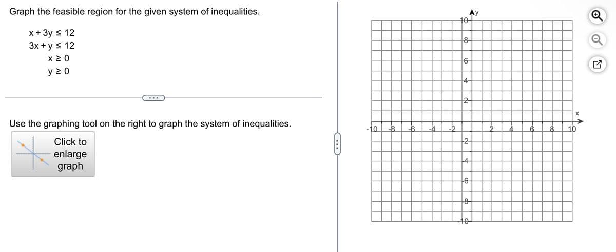 Graph the feasible region for the given system of inequalities.
x + 3y ≤ 12
3x + y ≤ 12
x ≥ 0
y ≥ 0
Use the graphing tool on the right to graph the system of inequalities.
Click to
enlarge
graph
-10
-8
10-
8-
6
Ay
4
+6
-10
X
O
N