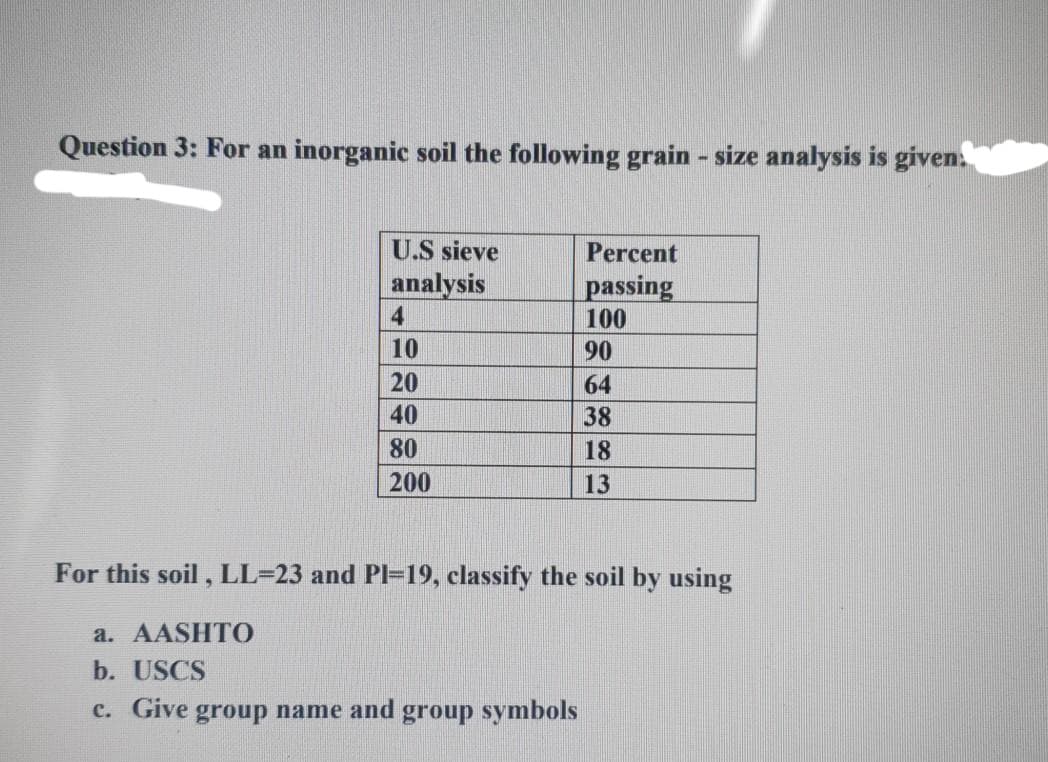 Question 3: For an inorganic soil the following grain - size analysis is given.
U.S sieve
Percent
analysis
4
passing
100
10
90
20
64
40
38
80
18
200
13
For this soil, LL=23 and Pl=19, classify the soil by using
a. AASHTO
b. USCS
c. Give group name and group symbols
