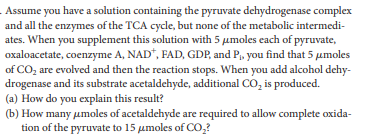 Assume you have a solution containing the pyruvate dehydrogenase complex
and all the enzymes of the TCA cycle, but none of the metabolic intermedi-
ates. When you supplement this solution with 5 umoles each of pyruvate,
oxaloacetate, coenzyme A, NAD*, FAD, GDP, and P,, you find that 5 umoles
of CO, are evolved and then the reaction stops. When you add alcohol dehy-
drogenase and its substrate acetaldehyde, additional CO, is produced.
(a) How do you explain this result?
(b) How many umoles of acetaldehyde are required to allow complete oxida-
tion of the pyruvate to 15 umoles of CO,?
