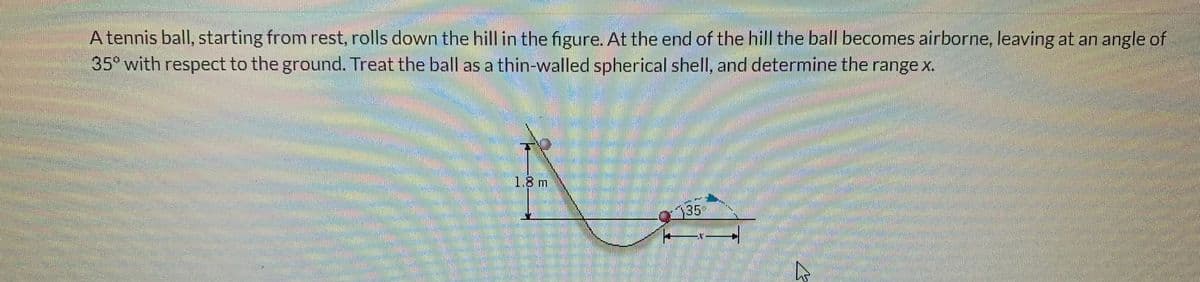 A tennis ball, starting from rest, rolls down the hill in the figure. At the end of the hill the ball becomes airborne, leaving at an angle of
35° with respect to the ground. Treat the ball as a thin-walled spherical shell, and determine the range x.
1.8 m
35
D