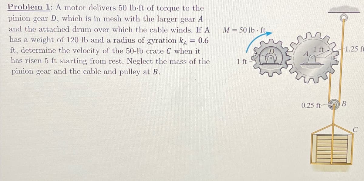 Problem 1: A motor delivers 50 lb-ft of torque to the
pinion gear D, which is in mesh with the larger gear A
and the attached drum over which the cable winds. If A
has a weight of 120 lb and a radius of gyration KA
= 0.6
ft, determine the velocity of the 50-lb crate C when it
has risen 5 ft starting from rest. Neglect the mass of the
pinion gear and the cable and pulley at B.
M 50 lb ft
1 ft
0.25 ft
B
1.25 ft