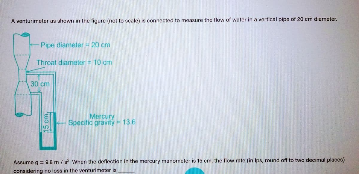 A venturimeter as shown in the figure (not to scale) is connected to measure the flow of water in a vertical pipe of 20 cm diameter.
Pipe diameter = 20 cm
Throat diameter = 10 cm
30 cm
15 cm
Mercury
Specific gravity = 13.6
Assume g = 9.8 m/s2. When the deflection in the mercury manometer is 15 cm, the flow rate (in lps, round off to two decimal places)
considering no loss in the venturimeter is