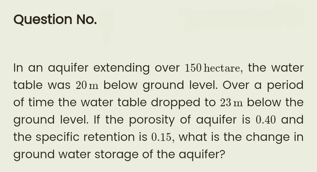 Question No.
In an aquifer extending over 150 hectare, the water
table was 20 m below ground level. Over a period
of time the water table dropped to 23 m below the
ground level. If the porosity of aquifer is 0.40 and
the specific retention is 0.15, what is the change in
ground water storage of the aquifer?