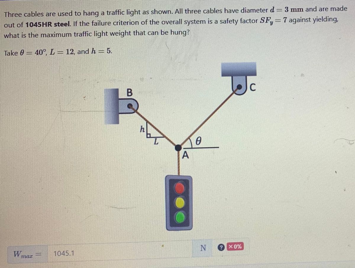 Three cables are used to hang a traffic light as shown. All three cables have diameter d = 3 mm and are made
out of 1045HR steel. If the failure criterion of the overall system is a safety factor SF, = 7 against yielding,
what is the maximum traffic light weight that can be hung?
Take 0 = 40°, L = 12, and h = 5.
W max
1045.1
B
h
L
A
0
Nx0%
C