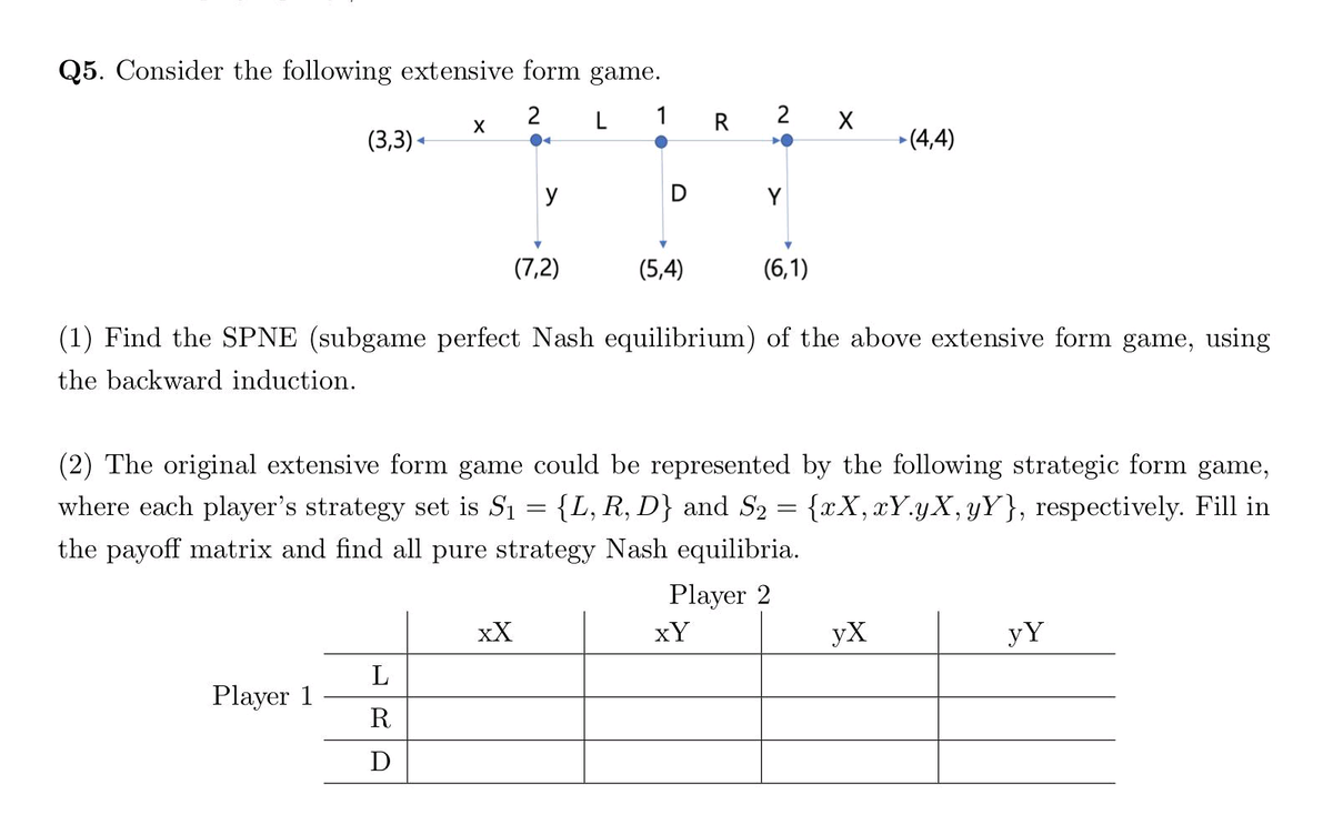 Q5. Consider the following extensive form game.
2 L
1 R 2 x
(3,3) -
→(4,4)
y
Y
(7,2)
(5,4)
(6,1)
(1) Find the SPNE (subgame perfect Nash equilibrium) of the above extensive form game, using
the backward induction.
(2) The original extensive form game could be represented by the following strategic form game,
where each player's strategy set is S1 = {L, R, D} and S2 = {xX, xY.yX, yY}, respectively. Fill in
the payoff matrix and find all pure strategy Nash equilibria.
Player 2
xX
xY
yX
yY
L
Player 1
R
D
