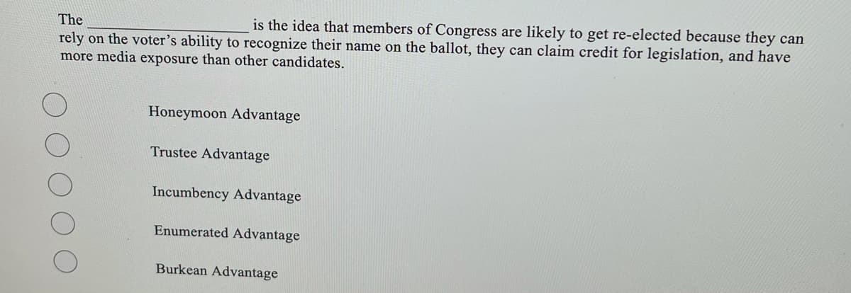 The
is the idea that members of Congress are likely to get re-elected because they can
rely on the voter's ability to recognize their name on the ballot, they can claim credit for legislation, and have
more media exposure than other candidates.
Honeymoon Advantage
Trustee Advantage
Incumbency Advantage
Enumerated Advantage
Burkean Advantage
