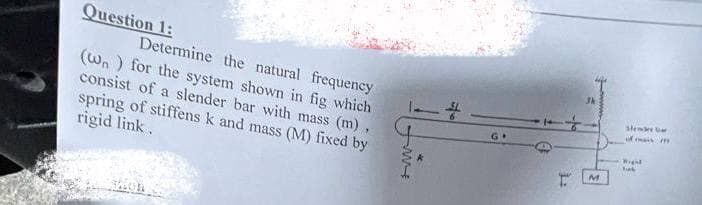 Question 1:
Determine the natural frequency
(wn) for the system shown in fig which
consist of a slender bar with mass (m),
spring of stiffens k and mass (M) fixed by
rigid link,
M