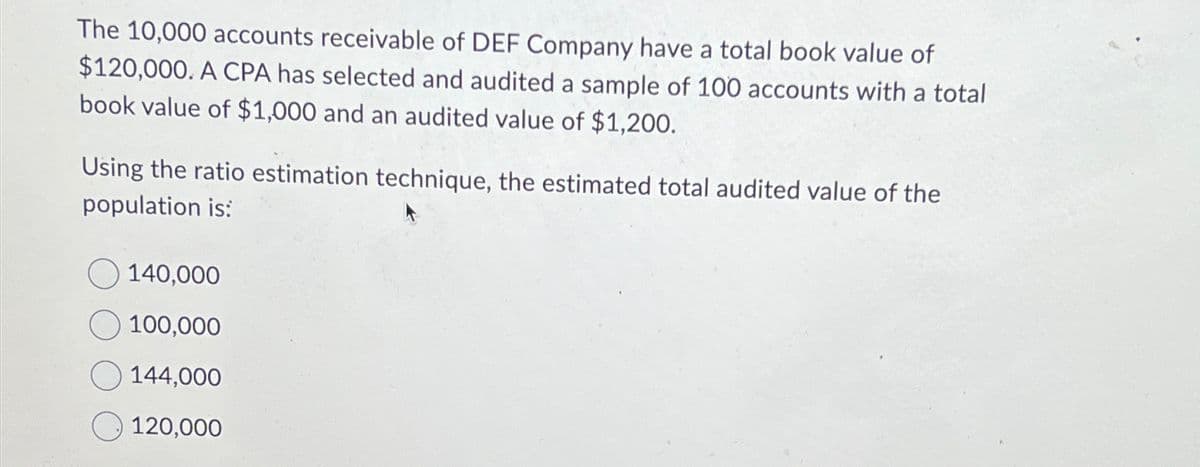 The 10,000 accounts receivable of DEF Company have a total book value of
$120,000. A CPA has selected and audited a sample of 100 accounts with a total
book value of $1,000 and an audited value of $1,200.
Using the ratio estimation technique, the estimated total audited value of the
population is:
140,000
100,000
144,000
120,000