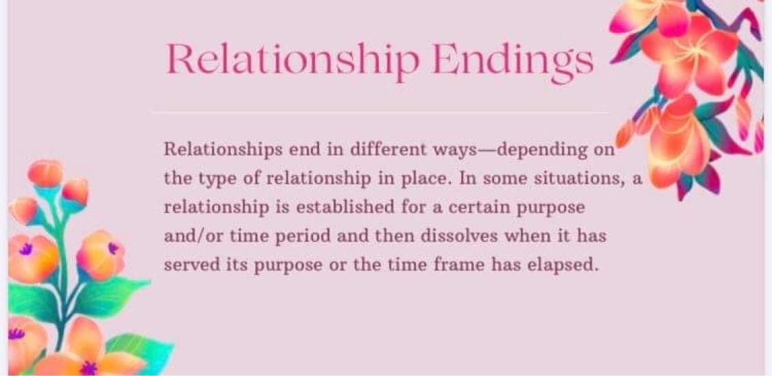 Relationship Endings
Relationships end in different ways-depending on
the type of relationship in place. In some situations, a
relationship is established for a certain purpose
and/or time period and then dissolves when it has
served its purpose or the time frame has elapsed.
