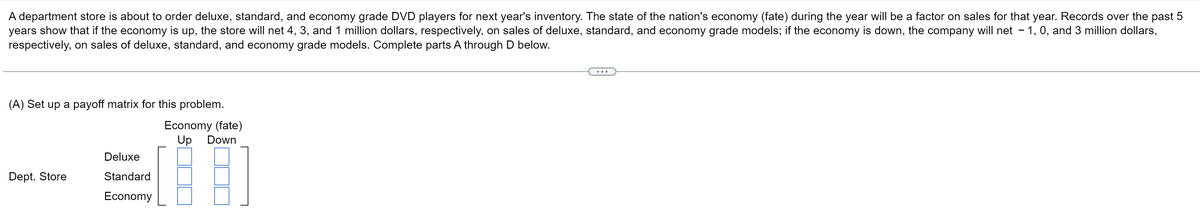 A department store is about to order deluxe, standard, and economy grade DVD players for next year's inventory. The state of the nation's economy (fate) during the year will be a factor on sales for that year. Records over the past 5
years show that if the economy is up, the store will net 4, 3, and 1 million dollars, respectively, on sales of deluxe, standard, and economy grade models; if the economy is down, the company will net – 1, 0, and 3 million dollars,
respectively, on sales of deluxe, standard, and economy grade models. Complete parts A through D below.
...
(A) Set up a payoff matrix for this problem.
Economy (fate)
Up
Down
Deluxe
Dept. Store
Standard
Economy
